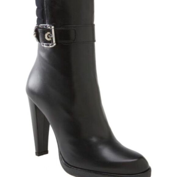 Stuart Weitzman Buckeroo Black Leather Buckle Trim High Heeled Boots Sz 9.5 - Picture 1 of 8